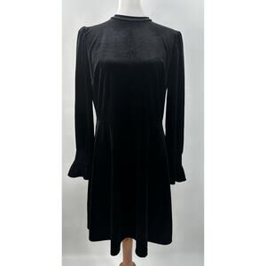 LOFT Black Velvet Long Sleeve Smocked Cuff Mock Neck Dress Size 10 Elegant